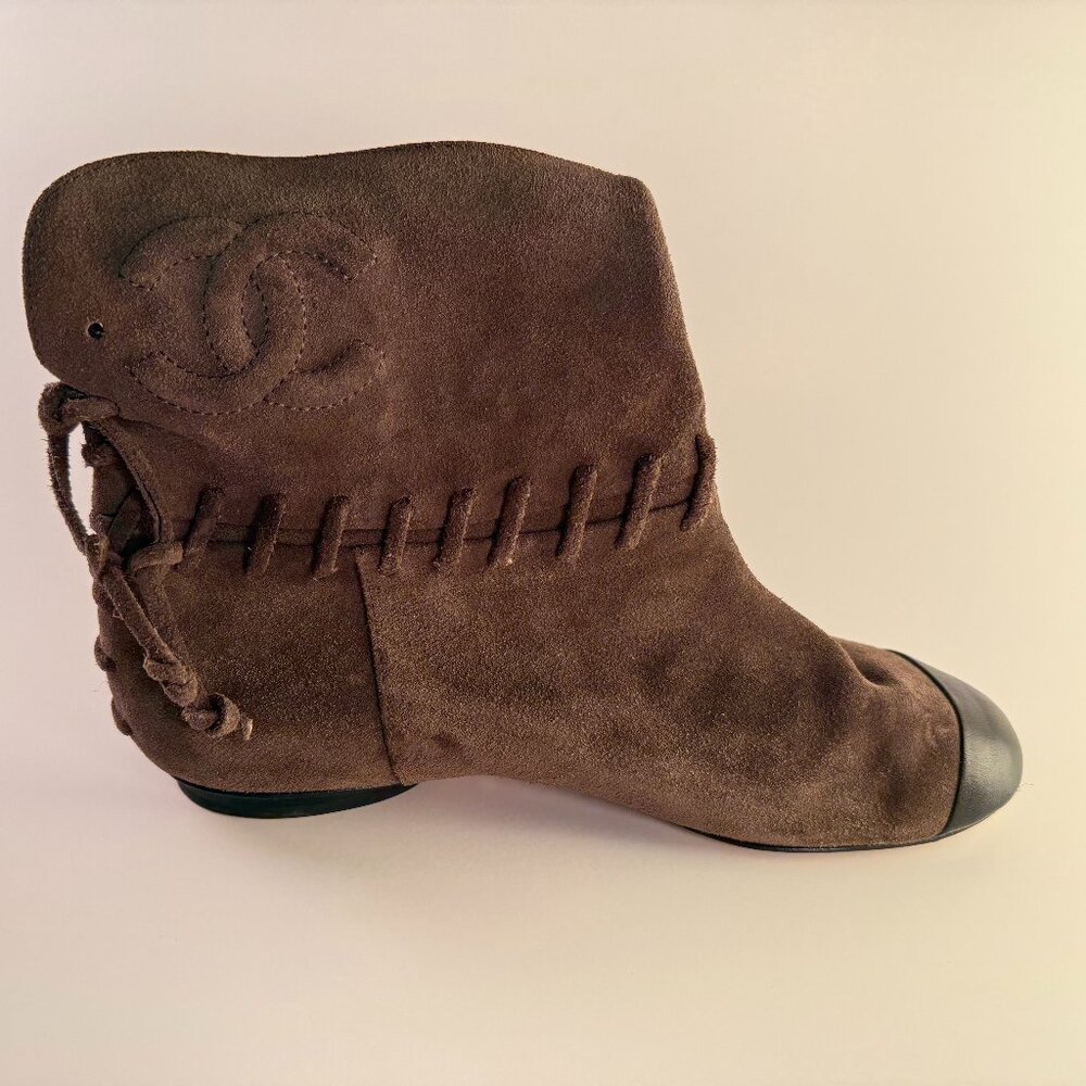 Chanel Cap Toe Brown Suede Ankle Boot Moccasin
